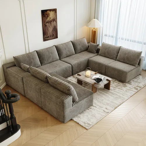Vista 29 de Sofá modular modular de 139.4 pulgadas, sofás minimalistas en forma de L con diván de asiento medio, moderno sofá convertible de asiento profundo