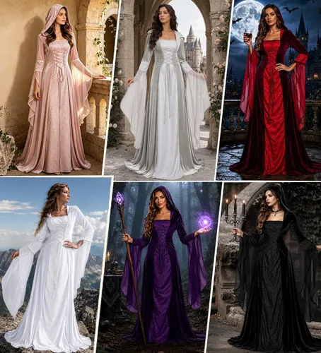 Vista 6 de BITSEACOCO Disfraz de bruja de lujo para mujer, vestido de vampiro con capucha gótico renacentista bordado vintage, vestido de cosplay Rojo vino