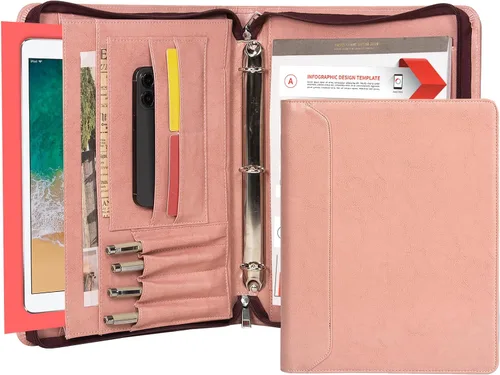 Vista 10 de AZXCG Padfolio - Carpeta de 3 anillos para mujer, carpeta de negocios de cuero vegano con cremallera, organizador de cuadernos de documentos