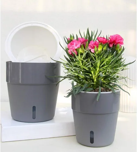 Vista 5 de Paquete de 3 macetas de riego automático de 4 pulgadas con indicador de nivel de agua, maceta moderna para interiores, color gris