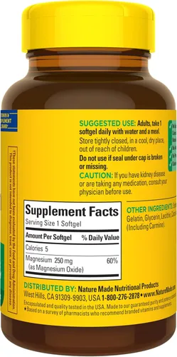 Vista 8 de Nature Made Magnesio 250 mg, suplementos de magnesio para hombres y mujeres, apoyo para la salud muscular, cardíaca, ósea y nerviosa, 90 cápsulas