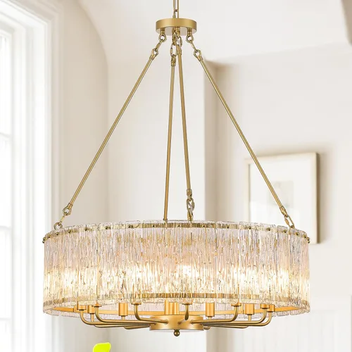 Vista 21 de CATINER Candelabro de cristal de 20 pulgadas, moderno, 6 luces, lámparas de tambor dorado, iluminación colgante de techo de lujo para entrada