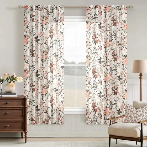 Vista 17 de Cortinas de lino de pájaro floral azul 2 paneles de 72 pulgadas de largo Aqua Blue