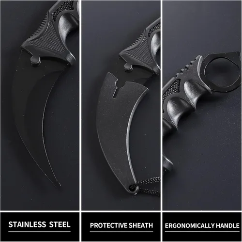 Vista 2 de Karambit - Cuchillo táctico de hoja fija, 2 piezas de acero inoxidable para exteriores, cuchillo de caza con funda y cable, adecuado