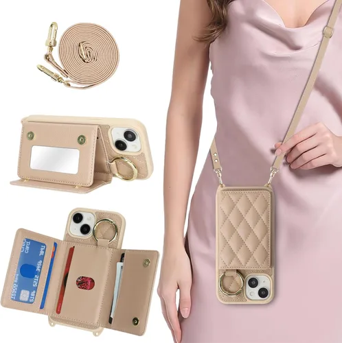Vista 9 de Funda para iPhone 14 con tarjetero y correa para mujer, cordón cruzado, espejo de maquillaje, soporte de anillo, cierre a presión, bonitas fundas