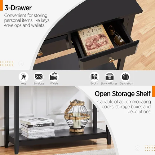 Vista 6 de Topeakmart Mesa consola con estante de almacenamiento y 3 cajones, mesa de sofá de 2 niveles para entrada/pasillo/sala de estar, material de madera