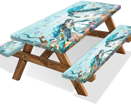Vista 54 de Funda para Mesa de Picnic con Fundas para Bancos y Bolsa, Campista de Madera Impermeable Resistente al Viento, Cubierta de Mantel Ajustada con Borde