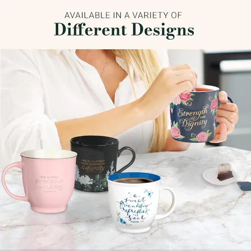 Vista 7 de Taza de cerámica de arte cristiano azul floral – 14 oz. Taza de café y té inspiradora con escrituras bíblicas apta para microondas y lavavajillas