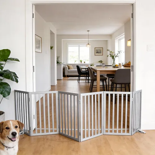 Vista 19 de Puerta para perros para interiores, valla independiente para perros, para la casa, puertas, pasillos o escaleras, puerta para mascotas plegable