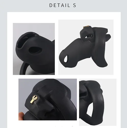 Vista 5 de Jaula de castidad de silicona para hombres, dispositivos de castidad negra, diseño de cerradura, jaula de castidad pequeña, jaula de pene masculino