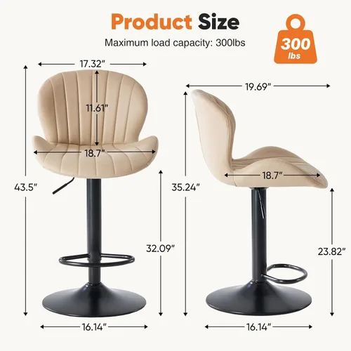 Vista 2 de Sweetcrispy Juego de 2 taburetes de bar, silla giratoria de tela de altura Beige