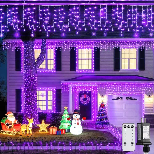 Vista 28 de JMEXSUSS 400 luces LED de Navidad de carámbano de 38.8 pies con control remoto, tira de luces multicolor para exteriores enchufables, 8 modos