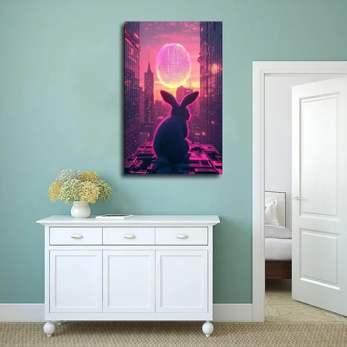 Vista 4 de Retro Futuristic Easter Wall Art – Neon Bunny with Cyber Egg – Synthwave 80s Sci-Fi Cityscape Poster – Unique Easter Decor & Gift for Vaporwave Fans