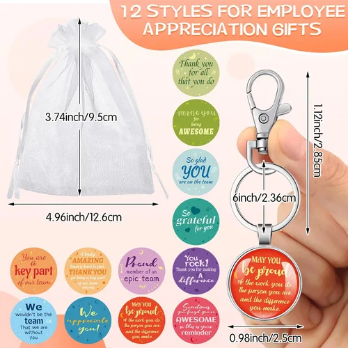 Vista 2 de 12 juegos de regalos de agradecimiento a los empleados que incluyen 12 llaveros inspiradores, 12 bolsas de organza, 12 tarjetas de agradecimiento