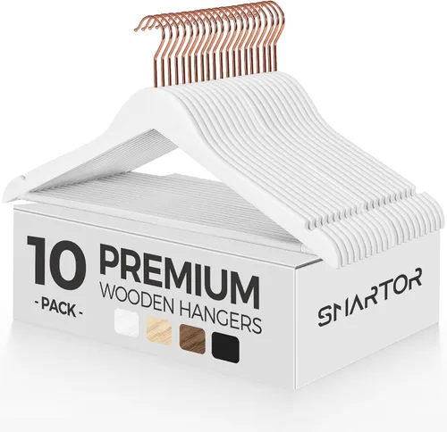 Vista 13 de Smartor Paquete de 20 perchas de madera maciza para armario, perchas de madera resistente para trajes, camisas, vestidos, con gancho de oro rosa