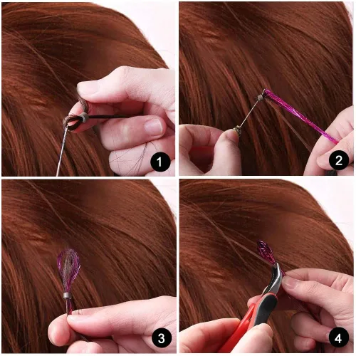 Vista 7 de Kit de oropel para el cabello con herramientas de 48 pulgadas, 1200 hebras de cabello de oropel dorado, resistentes al calor, extensiones de cabello