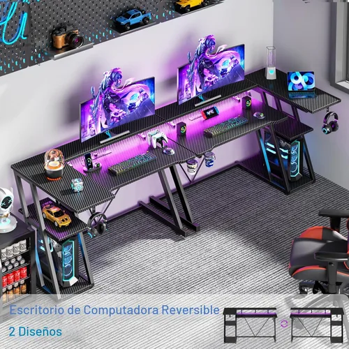 Vista 3 de Korfile Escritorio para juegos de 40 pulgadas con toma de corriente y luces LED, mesa de juegos para computadora en forma de L con estantes