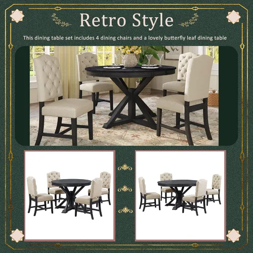 Vista 4 de Farmhouse - Juego de mesa de comedor de 5 piezas, mesa de comedor redonda extensible con 4 cómodas sillas tapizadas, juego de muebles funcionales