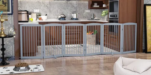 Vista 37 de PUPETPO Puerta independiente para mascotas para perros, puerta plegable de madera para perros para casa, escaleras, entradas, valla de seguridad