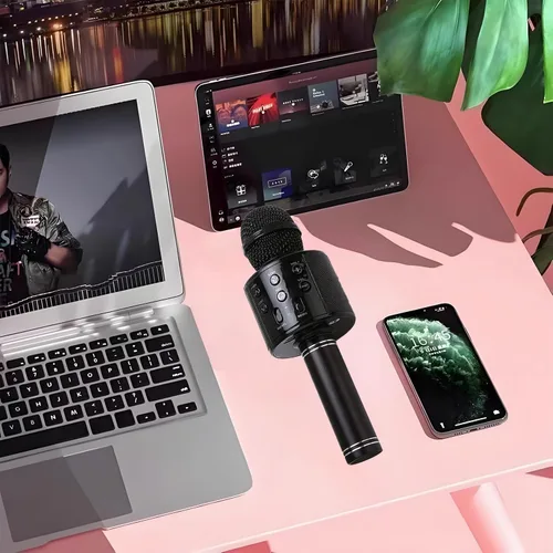 Vista 6 de Micrófono de karaoke inalámbrico Bluetooth Altavoz portátil de micrófono de mano 3 en 1 para todos los teléfonos inteligentes Regalos Negro