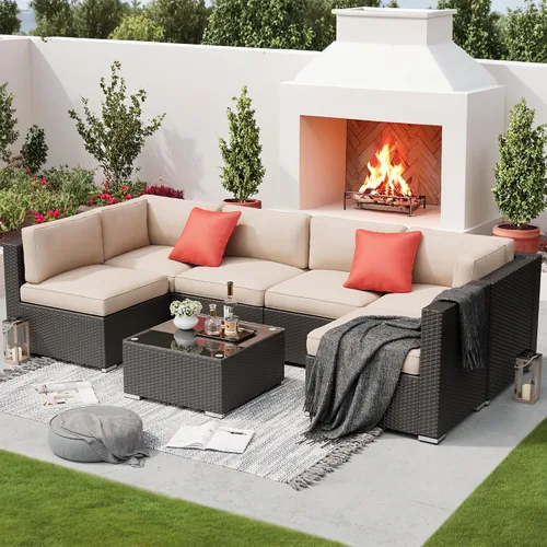 Vista 7 de Betterland Juego de muebles de patio de sofá seccional de 7 piezas, para todo tipo de clima, mimbre de ratán de polietileno con cojín lavable, mesa