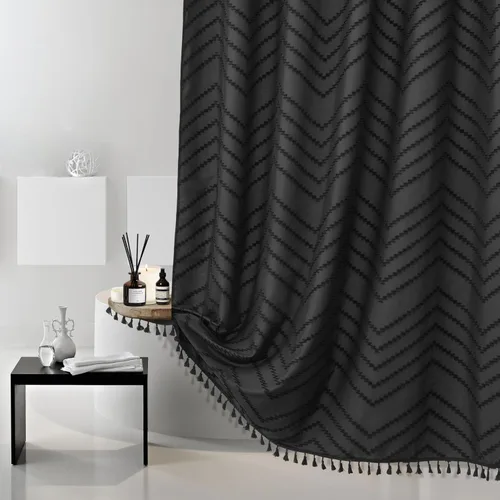 Vista 156 de Cortina de ducha Siiluminisoy de 36x72 beige, cortina de ducha de tela de tamaño pequeño, cortinas de ducha de tela con tufting, diseño chevron a
