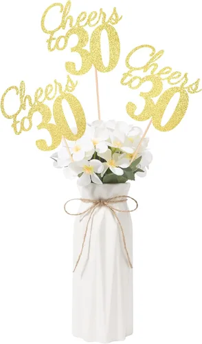 Vista 30 de Gexolenu Cheers to 21, paquete de 10 centros de mesa con purpurina dorada de doble cara para cumpleaños número 21 para mesas, palitos decorativos