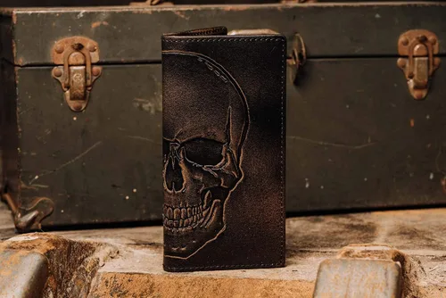Vista 3 de HOJ Co SkULL - Cartera larga para hombre cuero de grano completo con acabado pulido a mano billetera larga plegable Cartera de roeo billetera