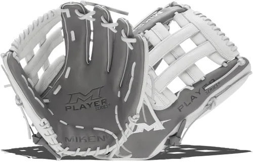 Vista 10 de Miken Player Series+ Infield Outfield Utility Slow Pitch Softball Glove 13” - 15” Size Grey White H-Web Right Hand Thrower Left Hand