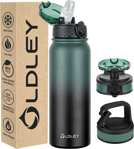 Vista 8 de Oldley Botella de Agua Aislada con Pajilla de 20oz, Botellas de Agua de Acero Inoxidable con 3 Tapas, Aislamiento al Vacío de Doble Pared Térmica