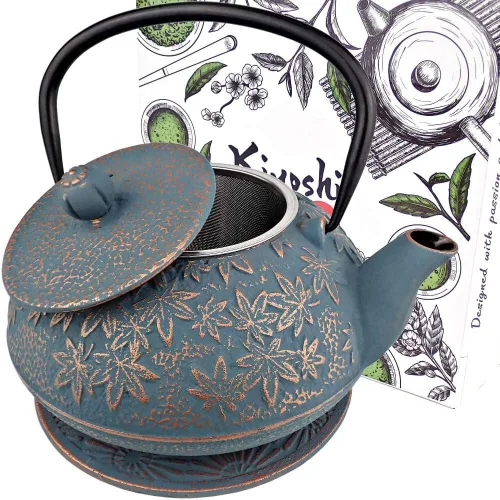 Vista 11 de Juego de 3 teteras japonesas de hierro fundido de gran capacidad de 40 onzas con salvamanteles e infusor de té de hojas sueltas, tetera de hierro