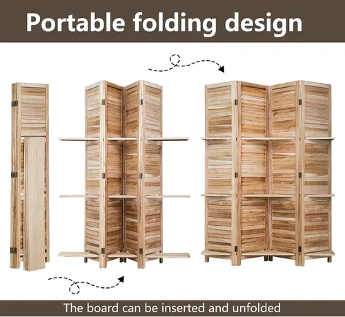 Vista 6 de [Usado] FDW Divisor de habitación de 4 paneles plegable de madera de privacidad con tres estantes inteligentes, divisor de madera portátil