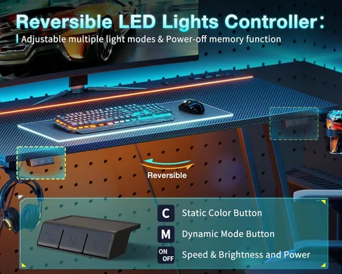 Vista 6 de MOTPK Escritorio para juegos de 55 pulgadas con luces LED y toma de corriente, escritorio de computadora para espacios pequeños, mesa