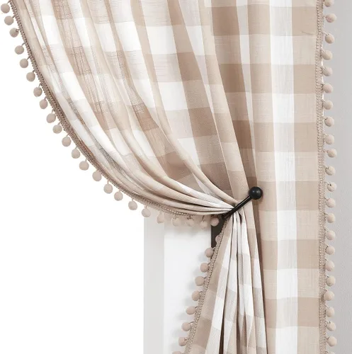 Vista 11 de Cortinas de cuadros blancos y negros con pompones, 45 pulgadas, semitransparentes a cuadros Blanco y negro