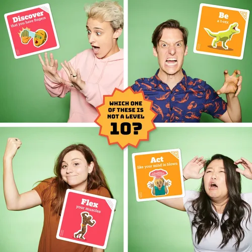 Vista 6 de Exploding Kittens En una escala de uno a T-Rex de 2 a 8 jugadores, a partir de 7 a 15 minutos para jugar, juego de cartas de actuación