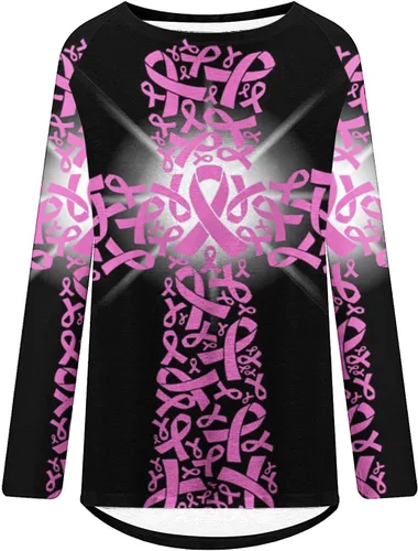 Vista 4 de ZunFeo Breast Cancer Awareness Shirts Women Long Sleeve Crewneck Pink Ribbon Graphic Breast Cancer T-Shirt Loose Fit Pullover