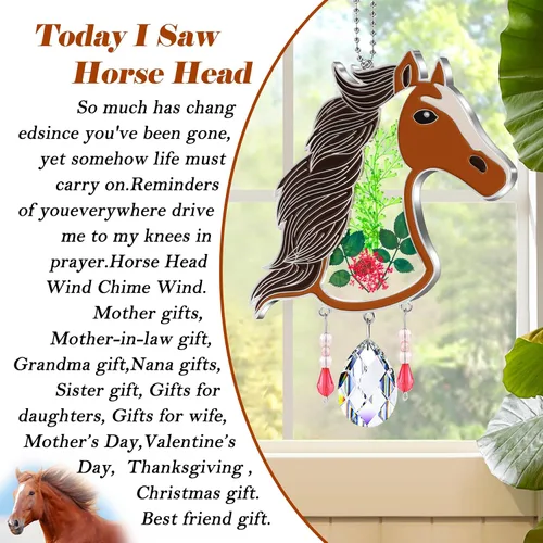 Vista 6 de KY&BOSAM Atrapasoles de cristal pintado a mano con cabeza de caballo, campanilla de viento con flor prensada incrustada en ventana de cristal, Día