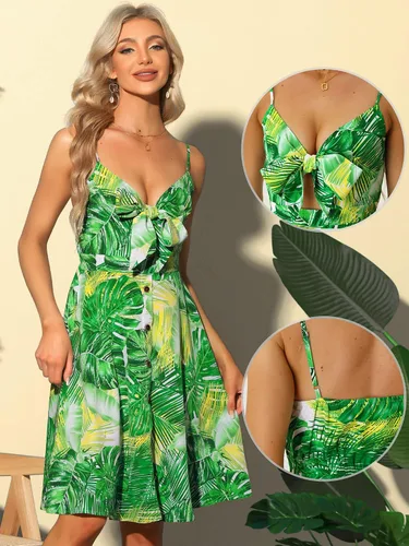 Vista 2 de Allegra K Vestido de tirantes con nudo para mujer, estampado tropical, sin mangas, con nudo frontal