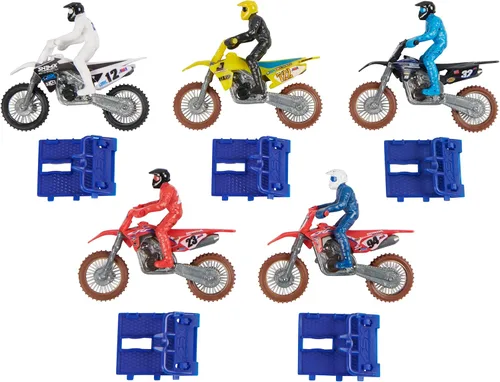 Vista 9 de Supercross, Auténtico paquete de 5 motocicletas fundidas a escala 1:24 con figura de jinete, moto de juguete para niños y coleccionistas a partir