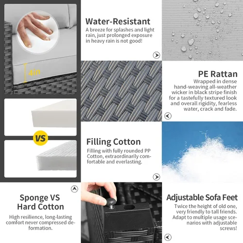 Vista 6 de Juego de muebles de patio, 7 piezas, muebles de exterior, juego de sofás seccionales de patio con mesa de almacenamiento, cojines gris claro