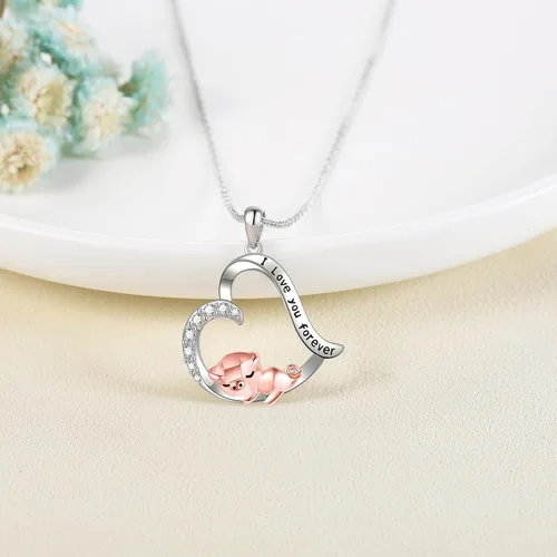 Vista 4 de Collar de zorrocerdoperezoso de plata de ley 925 con colgante de corazón de animal, joyería de animales, regalos para mujeres