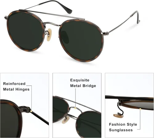 Vista 7 de Sumato Lentes de sol redondos retro de doble puente para mujeres y hombres, doble vigas circulares UV400 Sunnies Tortoise con lente verde, Tortuga