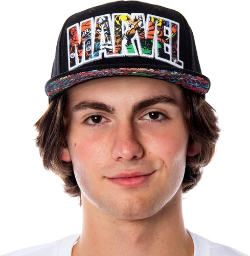 Vista 4 de Bioworld Marvel Comic Logo Sublimated Bill Snapback Gorra Gorra Negro, Negro, talla única