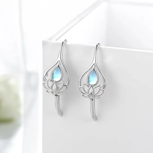 Vista 3 de Aretes de loto de piedra lunar para mujer, plata de ley 925, diseño de flor de loto, joyería de loto, regalos para mujeres, niñas, mamá, hija