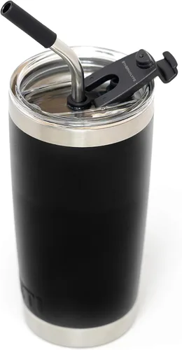 Vista 3 de Tapa de vaso a prueba de derrames con popote de acero inoxidable en ángulo + popote de silicona + cepillo de limpieza para vasos Yeti Rambler u Negro