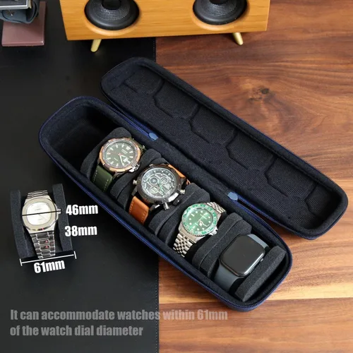 Vista 4 de Besforu Caja organizadora de relojes duros para hombres o mujeres, funda de viaje para 5 relojes, soporte portátil para relojes de pulsera y relojes