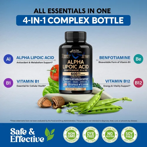Vista 7 de Ácido Alfa Lipóico 600mg - Suplemento de ALA Antioxidante para el Apoyo a los Nervios, Energía y Metabolismo - Fuerza Extra con Benfotiamina, B1