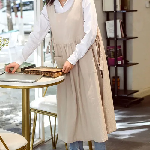 Vista 10 de Vestido tipo delantal de lino de algodón con espalda cruzada para mujer con bolsillos para cocinar y limpiar - Delantal cruzado - Azul - con lazos
