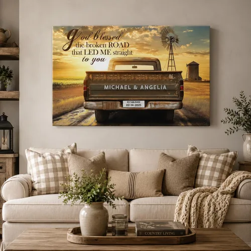 Vista 19 de ANRUOXI Arte de Pared en Lienzo de Camión Vintage Personalizado, Impresiones en Lienzo de Letrero Personalizado con Nombres y Fechas de Familia