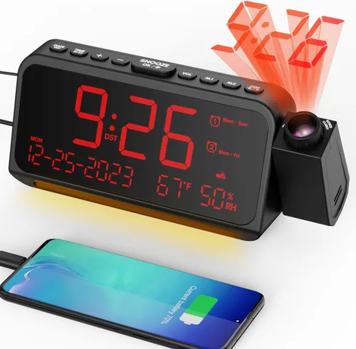 Vista 11 de Mesqool Reloj despertador de proyección para techo de dormitorio, reloj digital con modo de días laborables/fines de semana, fecha, temperatura